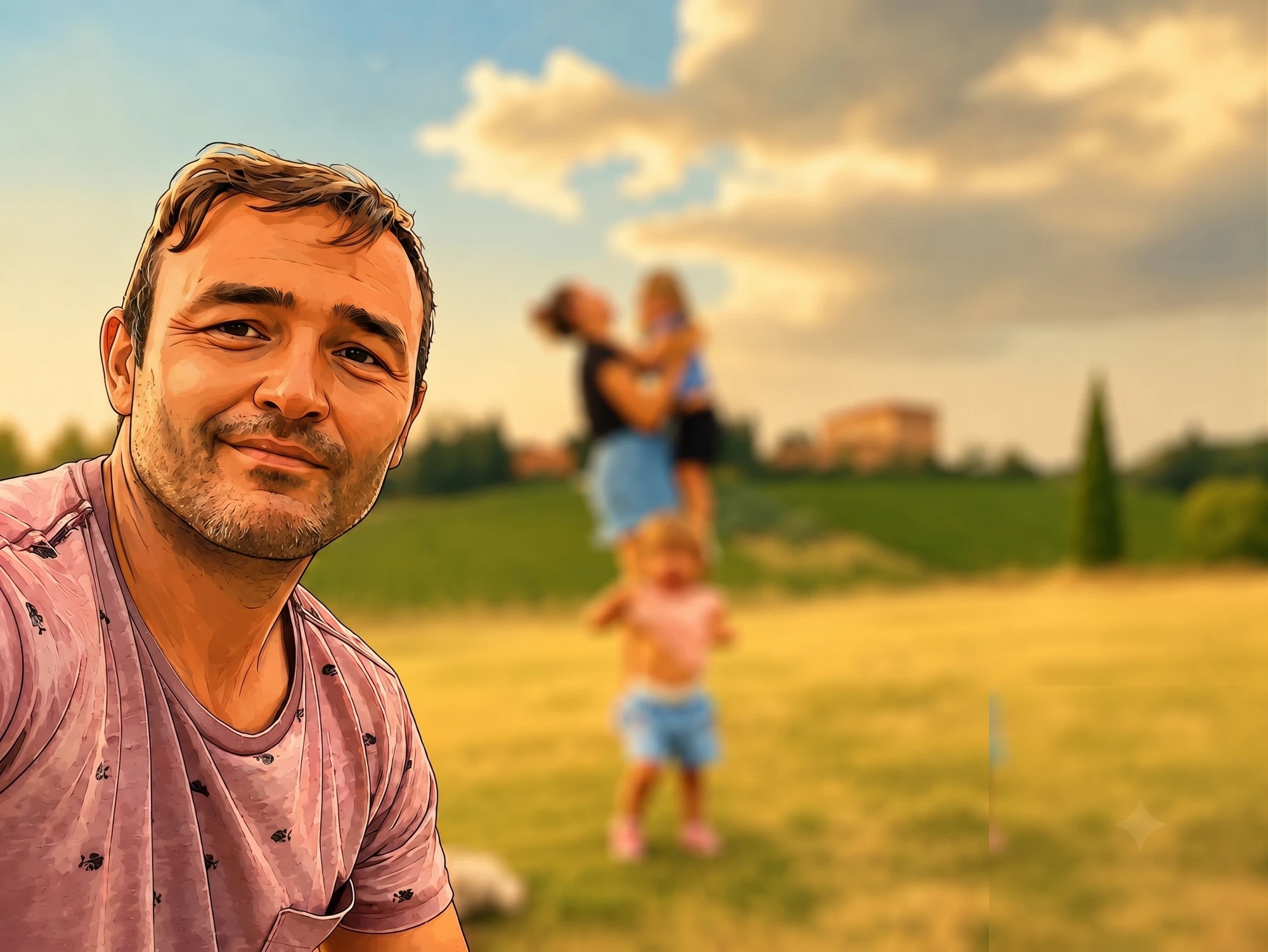 Raffaello Tiezzi con la famiglia nella vigna al tramonto